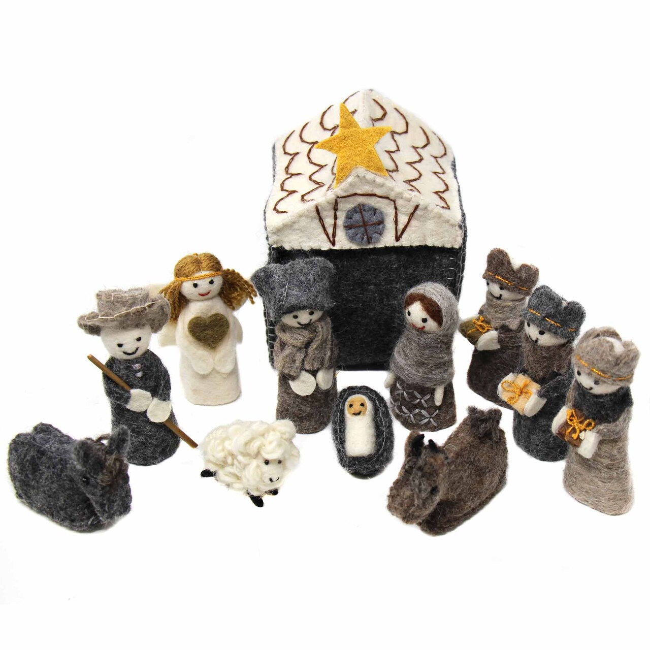 Multi-Color Wool Felt Nativity Scene 12-Piece Set with Storage Stable